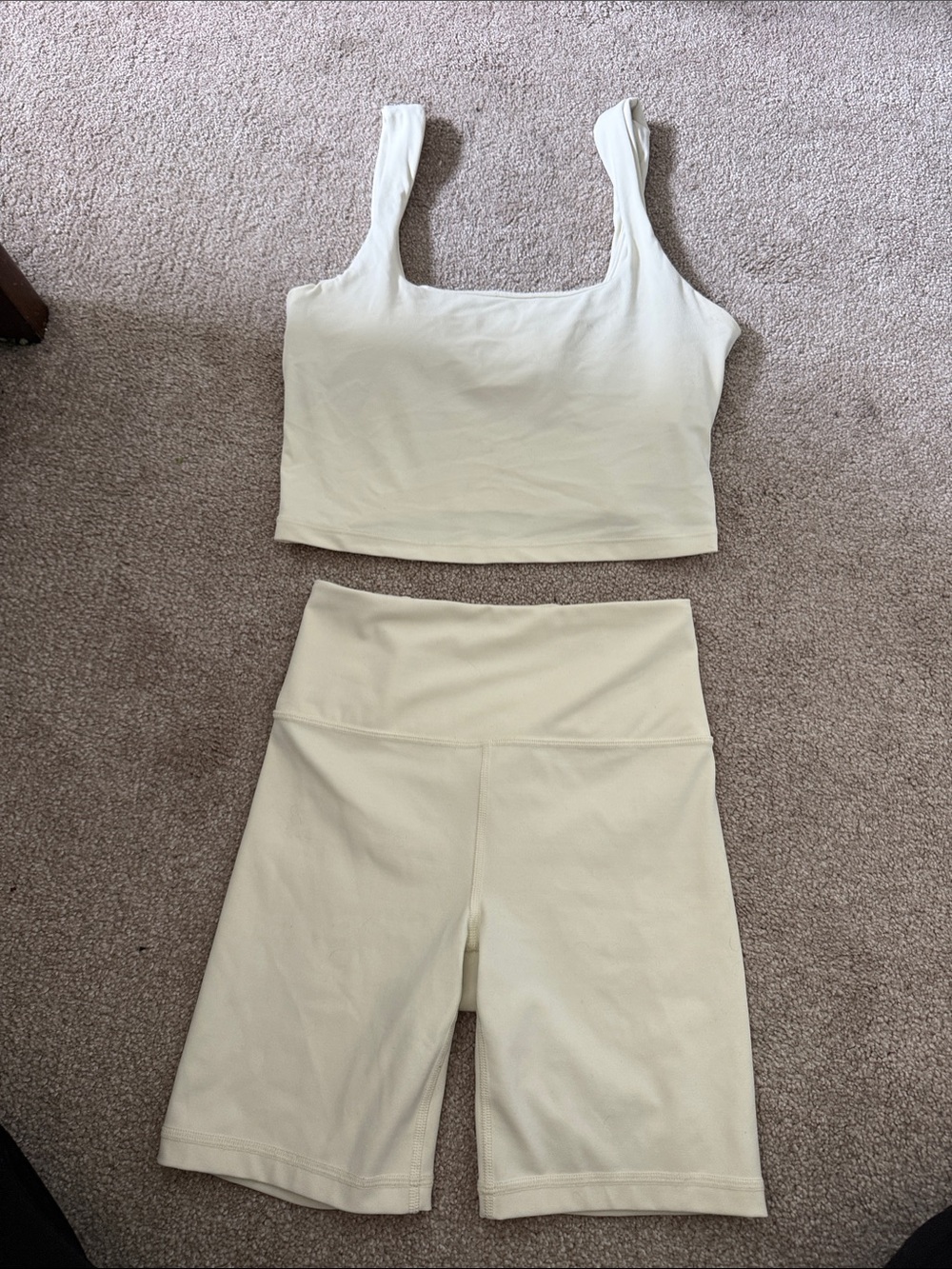 Athleta Cream High-Waist Bike Shorts and Crop Tank Set
